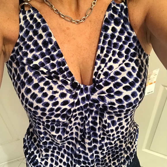 NWOT Michael Kors Top Blue, black, white animal print size PS shoulder chain - Picture 3 of 10